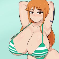 Rule 34 | 1girl, absurdres, armpits, arms behind head, bikini, blush, breasts, cleavage, collarbone, g3mma, green background, green bikini, highres, huge breasts, long hair, looking at viewer, motion lines, nami (one piece), one piece, orange eyes, orange hair, shoulder tattoo, smile, solo, sweat, swimsuit, tattoo