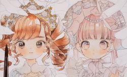 Rule 34 | 2girls, art brush, art tools in frame, black eyes, blunt bangs, blush, bonnet, brown hair, closed mouth, commentary, crown, dot mouth, dress, drill hair, earrings, frilled sleeves, frills, gradient eyes, highres, jewelry, lolita fashion, long hair, looking at viewer, multicolored eyes, multiple girls, nanakami mana, original, paintbrush, painting (medium), pearl hair ornament, photo (medium), ribbon, short sleeves, sidelocks, stud earrings, swept bangs, symbol-only commentary, thick eyebrows, traditional media, twin drills, twintails, unfinished, upper body, watercolor (medium)