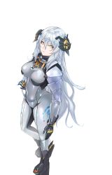 Rule 34 | 1girl, absurdres, black footwear, black gloves, bodysuit, boots, breasts, closed mouth, covered navel, full body, girls&#039; frontline, gloves, grey bodysuit, grey hair, highres, kepra iii, large breasts, lips, long hair, long sleeves, looking at viewer, nyto (girls&#039; frontline), paradeus, solo, standing, tareus (girls&#039; frontline), thighs, white background, yellow eyes