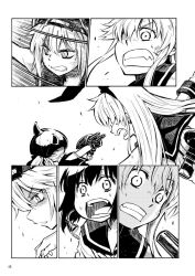 Rule 34 | 10s, 3girls, animal ears, cannon, clenched teeth, close-up, comic, destroyer princess, elbow gloves, fake horns, gloves, greyscale, hairband, hat, headgear, horned headwear, horns, kantai collection, long hair, monochrome, multiple girls, neckerchief, open mouth, rabbit ears, sailor collar, school uniform, serafuku, shaded face, shimakaze (kancolle), sidelocks, sleeveless, sweat, teeth, translation request, wide-eyed, yukikaze (kancolle), zepher (makegumi club)