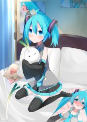Rule 34 | 1girl, absurdres, ahoge, bad id, bad pixiv id, bed, black thighhighs, blush, book, dakimakura (object), hatsune miku, highres, pillow, poster (medium), poster (object), pout, sitting, solo, spring onion, tears, temari (deae), thighhighs, twintails, vocaloid, wariza