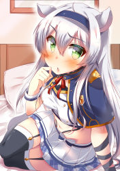 Rule 34 | 1girl, ahoge, alzano school uniform, animal ears, arm support, batten, bed, bed sheet, black thighhighs, blue capelet, blush, bow, breasts, buttons, capelet, cat ears, commentary request, crop top, double-breasted, emblem, garter straps, green eyes, hair between eyes, hairband, high collar, indoors, long hair, looking at viewer, miniskirt, navel, open mouth, pillow, pleated skirt, red ribbon, ribbon, rokudenashi majutsu koushi to akashic record, school uniform, shirt, simple background, sistine fibel, sitting, skirt, small breasts, solo, thighhighs, white hair, white shirt, white skirt, wrist cuffs