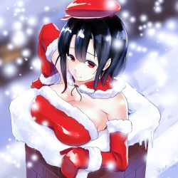 Rule 34 | 10s, 1girl, bare shoulders, black hair, blush, breasts, chimney, cleavage, elbow gloves, female focus, gloves, hat, infinote, kantai collection, large breasts, looking at viewer, red eyes, santa costume, santa hat, short hair, snow, solo, stuck, takao (kancolle)