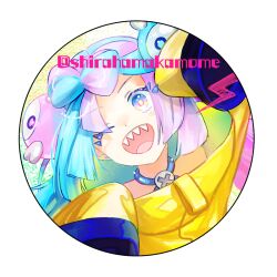 Rule 34 | 1girl, ;d, blue hair, bow-shaped hair, character hair ornament, creatures (company), game freak, hair ornament, iono (pokemon), jacket, looking at viewer, multicolored hair, nintendo, one eye closed, open mouth, pink eyes, pink hair, pokemon, pokemon sv, sharp teeth, shirahama kamome, sleeves past fingers, sleeves past wrists, smile, solo, teeth, two-tone hair, upper body, yellow jacket