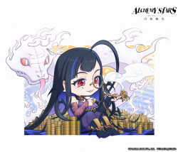 Rule 34 | 1girl, ahoge, alchemy stars, asymmetrical sleeves, black footwear, black hair, chibi, coin, colored sclera, detached sleeves, dragon ornament, dress, fire, highres, holding, holding coin, holding smoking pipe, knees up, long hair, looking at object, monocle, multicolored hair, official art, orange sclera, purple dress, red eyes, second-party source, sheol (alchemy stars), sitting, sleeveless, sleeveless dress, slit pupils, smile, smoke, smoking pipe, snake, solo, stack of coins, two-tone hair, very long hair, white fire, white snake