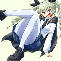 Rule 34 | 10s, 1girl, anchovy (girls und panzer), aono3, blue skirt, blush, cape, dress shirt, drill hair, girls und panzer, green hair, hair ribbon, highres, legs up, loafers, long hair, long sleeves, looking at viewer, lying, miniskirt, necktie, on back, open mouth, pantyhose, pleated skirt, red eyes, ribbon, school uniform, shirt, shoes, skirt, smile, solo, twin drills, twintails, white background, white pantyhose, white shirt