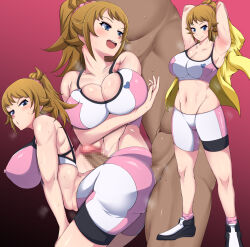 Rule 34 | 1boy, armpit sex, armpits, ass, bare shoulders, bike shorts, blue eyes, breasts, brown hair, buttjob, buttjob over clothes, full body, grinding, gundam, gundam build fighters, gundam build fighters try, highres, hoshino fumina, huge ass, large breasts, long hair, looking back, midriff, penis, penis on ass, ponytail, ptrj4222, red background, solo focus, sports bra, sweat
