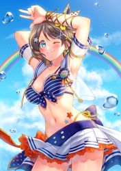 Rule 34 | 1girl, ;), armpits, arms up, bikini, bikini top only, blue sky, breasts, brown hair, closed mouth, cloud, collarbone, commentary request, day, hair ornament, highres, hoshisakura (starblossom), looking at viewer, love live!, love live! sunshine!!, medium breasts, navel, one eye closed, pleated skirt, rainbow, short hair, skirt, sky, smile, solo, striped bikini, striped bikini top, striped clothes, swimsuit, v, watanabe you, white skirt, x hair ornament