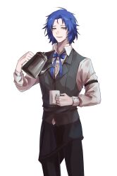 Rule 34 | 1boy, absurdres, apron, black apron, black pants, blue hair, blue ribbon, chesed (project moon), coffee pot, collared shirt, cup, highres, holding, holding coffee pot, holding cup, lobotomy corporation, long sleeves, male focus, medium hair, neck ribbon, pants, parted lips, project moon, ribbon, ruiieru, shirt, smile, solo, waiter, white shirt, yellow eyes