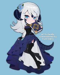 Rule 34 | 1girl, au ra, warrior of light (ff14), black footwear, blue background, blue dress, blue eyes, blue flower, blush, book, boots, chibi, closed mouth, commentary, commission, dot nose, dress, english commentary, english text, final fantasy, final fantasy xiv, flower, fold-over boots, grey hair, hair flower, hair ornament, highres, holding, holding book, horns, lavelis, long dress, long hair, looking at viewer, simple background, smile, solo, tail, thigh boots, thighhighs