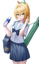 Rule 34 | 1girl, absurdres, bag, black bow, blonde hair, blue bag, blue sailor collar, blue skirt, bottle, bow, breasts, carrying over shoulder, closed mouth, collarbone, green eyes, hair between eyes, hair ornament, highres, holding, holding bottle, hololive, kazama iroha, charm (object), leaf hair ornament, long hair, looking at viewer, pleated skirt, pokobee, ponytail, rapi (zx4748), sailor collar, school uniform, serafuku, shirt, short sleeves, shoulder bag, skirt, small breasts, smile, solo, sweat, virtual youtuber, water bottle, white background, white shirt