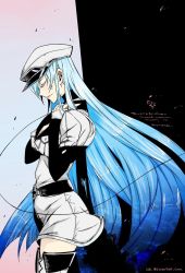 Rule 34 | 10s, 1girl, akame ga kill!, aqua hair, blue hair, boots, breasts, esdeath, hat, large breasts, long hair, miniskirt, skirt, standing, stitched, thigh boots, thighhighs, third-party edit, uniform