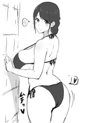 Rule 34 | 1girl, against wall, ass, bad id, bad pixiv id, bare shoulders, bikini, blush, breasts, character request, commentary request, copyright request, greyscale, halterneck, highres, large breasts, looking at viewer, mhs, monochrome, side-tie bikini bottom, side-tie bottom, sideboob, smile, swept bangs, swimsuit