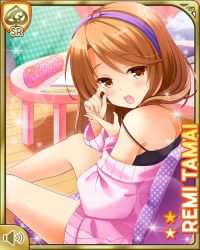 Rule 34 | 1girl, :o, bare legs, barefoot, black bra, bow, bra, brown eyes, brown hair, card (medium), couch, day, girlfriend (kari), headband, indoors, looking at viewer, low twintails, official art, open mouth, pink sweater, purple headband, qp:flapper, solo, studying, sweater, tagme, tamai remi, tanabata, twintails, underwear