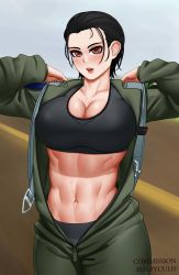 Rule 34 | 1girl, abs, absurdres, artist name, black hair, black sports bra, breasts, brown eyes, commission, dated, desert, green jumpsuit, hair slicked back, highres, jumpsuit, kuwaiti flag, large breasts, military, muscular, muscular female, navel, open clothes, open fly, open mouth, open shirt, original, short hair, simple background, sports bra, sweat, yuulis27