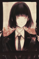 Rule 34 | 1girl, absurdres, black border, black hair, black jacket, black necktie, black suit, blunt bangs, border, character request, closed mouth, collared shirt, commentary request, copyright request, expressionless, formal, grey eyes, highres, jacket, long neck, looking at viewer, matsunaga777, necktie, shirt, short hair, sketch, solo, suit, upper body, white shirt