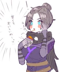 Rule 34 | !, 1girl, :o, animification, apex legends, belt, black hair, black scarf, blue eyes, blush, bodysuit, brown belt, eating, food, hair bun, holding, holding food, looking down, moro tarou, open mouth, parted bangs, purple bodysuit, scarf, single hair bun, sketch, solo, upper body, v-shaped eyebrows, white background, wraith (apex legends)
