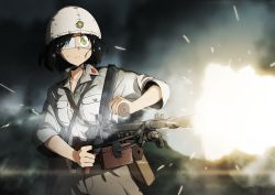 Rule 34 | 1girl, belt, black hair, blurry, blurry background, brown pants, closed mouth, collared shirt, commentary, english commentary, eyepatch, firing, frown, green eyes, grey headwear, grey shirt, gun, helmet, highres, holding, holding gun, holding weapon, imperial japanese army, light machine gun, long sleeves, machine gun, military, military uniform, mrxinom, original, outdoors, pants, pouch, sam browne belt, shirt, short hair, soldier, solo, standing, star (symbol), type 99 light machine gun, uniform, weapon, world war ii