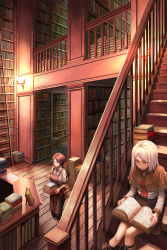 Rule 34 | 2girls, apron, blue eyes, book, boots, brown eyes, brown hair, capelet, carrying, check commentary, commentary request, highres, indoors, ladder, library, long hair, medium hair, meganejizou, multiple girls, open book, reading, silver hair, sitting, skirt, stairs, walking