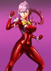 Rule 34 | 1girl, allenby beardsley, allenby beardsley (cosplay), bodysuit, breasts, cosplay, fighting stance, g gundam, gotland (kancolle), gundam, hair between eyes, highres, kantai collection, large breasts, long hair, looking at viewer, mobile trace suit, mole, mole under eye, pink background, pink hair, red bodysuit, skin tight, smile, solo, wata nuki