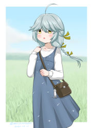 Rule 34 | 1girl, ahoge, bag, black ribbon, blue dress, braid, brown eyes, commentary request, cowboy shot, dress, grey hair, hair over eyes, hair ribbon, hamanami (kancolle), kantai collection, long hair, masara (chuujou), official alternate costume, one-hour drawing challenge, photo background, ribbon, single braid, solo, squid, standing, sweater, white sweater