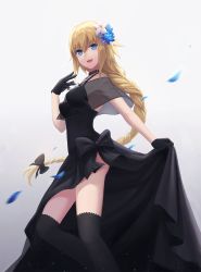 Rule 34 | 1girl, ain (3990473), alternate costume, ass, black bow, black dress, black gloves, black thighhighs, blonde hair, blue eyes, bow, braid, choker, clothes lift, dress, dress lift, fate/apocrypha, fate (series), flower, gloves, hair flower, hair ornament, headpiece, highres, jeanne d&#039;arc (fate), jeanne d&#039;arc (formal dress) (fate), jeanne d&#039;arc (ruler) (fate), long dress, long hair, looking at viewer, open mouth, petals, single braid, smile, solo, thighhighs, very long hair