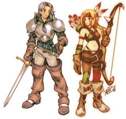 Rule 34 | 1boy, 1girl, archer (fft), armor, arrow (projectile), asymmetrical clothes, bad id, bad twitter id, bandaid, bandaid on face, belt, black eyes, black hair, blonde hair, bow (weapon), breasts, brown footwear, brown gloves, commentary, commission, english commentary, expressionless, facepaint, facial hair, feather hair ornament, feathers, final fantasy, final fantasy tactics, gloves, goatee, hair ornament, highres, holding, holding sword, holding weapon, medium breasts, midriff, navel, pointy ears, quiver, robaato, sheath, signature, squire (fft), sword, weapon, yoshida akihiko (style)