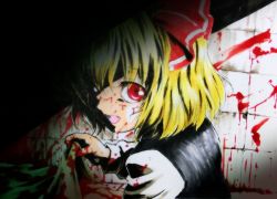 Rule 34 | 1girl, :d, beluo77, blonde hair, blood, blood on face, blood splatter, blood on clothes, dark, fang, hair ribbon, open mouth, ribbon, rumia, shirt, short hair, smile, touhou, vest