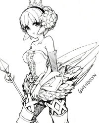 Rule 34 | 1girl, bad id, bad pixiv id, bare shoulders, dress, francisco valle, gwendolyn (odin sphere), monochrome, odin sphere, polearm, solo, spear, strapless, strapless dress, weapon