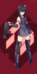 Rule 34 | 1girl, aksis (destiny), arm at side, armlet, armor, armored boots, armored dress, armpits, artist name, bare shoulders, black footwear, black hair, black thighhighs, blue eyes, boots, breastplate, character name, check commentary, clenched teeth, commentary request, cyborg, dated, destiny (game), detached sleeves, dress, eyebrows, full body, genderswap, genderswap (mtf), glowing, gradient hair, gun, headgear, highres, holding, holding gun, holding weapon, kuroda kuwa, long hair, looking at viewer, multicolored hair, one eye covered, panties, pantyshot, parted bangs, personification, red hair, sharp teeth, sidelocks, signature, siva (destiny), skirt, sleeve cuffs, sleeveless, sleeveless dress, solo, standing, teeth, thigh boots, thighhighs, underwear, weapon, white panties