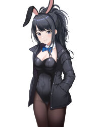 Rule 34 | 1girl, absurdres, alternate costume, animal ears, black hair, black jacket, black leotard, black pantyhose, blue bow, blue bowtie, blush, bow, bowtie, breasts, chinese zodiac, cleavage, commentary, detached collar, english commentary, fake animal ears, grey eyes, hands in pockets, highres, idolmaster, idolmaster shiny colors, jacket, kazano hiori, leotard, long sleeves, looking at viewer, medium breasts, mole, mole under mouth, pantyhose, playboy bunny, ponytail, rabbit ears, skin tight, solo, sorugi park, strapless, strapless leotard, traditional bowtie, wide ponytail, wing collar, year of the rabbit