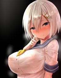 Rule 34 | 1girl, blue eyes, blurry, blurry background, blush, breasts, closed mouth, covered erect nipples, embarrassed, from side, gloves, hair between eyes, hair ornament, hairclip, hamakaze (kancolle), kantai collection, large breasts, looking at viewer, nicoby, sailor collar, school uniform, serafuku, short hair, short sleeves, silver hair, solo, suggestive fluid, upper body, wet, wet clothes, white gloves