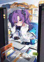 Rule 34 | 1girl, absurdres, blue archive, blue eyes, blush, box, cardboard box, coffee, computer, gloves, halo, highres, holding, holding pen, jacket, keyboard (computer), long hair, long sleeves, looking at viewer, mechanical halo, monitor, notebook, pen, purple eyes, purple hair, solo, spice mega, two side up, yuuka (blue archive)
