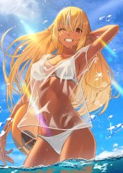 Rule 34 | 1girl, absurdres, bikini, blonde hair, dark-skinned female, dark skin, elf, grin, hair down, hara kenshi, highres, hololive, kintsuba (shiranui flare), long hair, looking at viewer, multicolored hair, ocean, one eye closed, open mouth, outdoors, partially submerged, pointy ears, red eyes, see-through, see-through shirt, shiranui flare, smile, solo, streaked hair, swimsuit, thighs, virtual youtuber, wading, white bikini