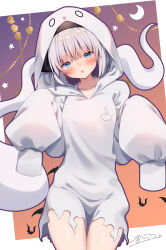 Rule 34 | absurdres, black hairband, blue eyes, blush, bob cut, commentary, frayed clothes, ghost costume, grey hair, hairband, halloween, halloween costume, highres, hood, hoodie, konpaku youmu, looking at viewer, open mouth, otowa (otoha4634), oversized clothes, short hair, sleeves past fingers, sleeves past wrists, touhou, white hoodie