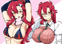 Rule 34 | 1girl, aged up, armpits, arms up, between breasts, bikini, bikini top only, blush, breasts, closed mouth, cropped jacket, elbow sleeve, flame print, glasses, green neckwear, hair between eyes, hair ornament, hair stick, high ponytail, jacket, juliet sleeves, large breasts, long hair, long sleeves, looking at viewer, md5 mismatch, open mouth, pink background, pink scarf, puffy sleeves, resolution mismatch, scarf, shinkai toro, sidelocks, signature, skull hair ornament, source larger, stomach, swimsuit, teacher, tengen toppa gurren lagann, tongue, tongue out, underboob, white jacket, yellow eyes, yoko littner, yomako