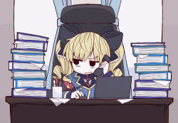Rule 34 | akechi kokoro, annoyed, armband, binder, black eyes, black ribbon, blonde hair, blue jacket, chair, computer, desk, hair ribbon, jacket, laptop, computer mouse, necktie, no pupils, office, office chair, oosawa (azeeee73), pen, phone, red armband, red necktie, ribbon, solo, swivel chair, talking on phone, tantei opera milky holmes, twintails, uniform