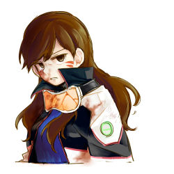 Rule 34 | 1girl, blood, blood on clothes, broken eyewear, brown eyes, brown hair, d.va (overwatch), eyebrows, facepaint, facial mark, from side, goggles, goggles around neck, jacket, long hair, looking at viewer, mangododo, open mouth, overwatch, overwatch 1, pilot suit, simple background, solo, upper body, whisker markings, white background