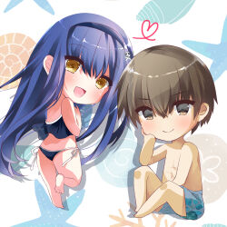 Rule 34 | 1boy, 1girl, :d, asahina yori, back, bikini, black bikini, black hair, black hairband, blue swim trunks, blush, bone hair ornament, brown eyes, brown hair, chibi, closed mouth, commentary request, drop shadow, eyes visible through hair, hair between eyes, hair ornament, hairband, hand on own cheek, hand on own face, happy, head rest, heart, hetero, knees up, kushima kamome, long hair, looking at viewer, looking back, male swimwear, open mouth, short hair, side-tie bikini bottom, simple background, sitting, skull and crossbones, skull hair ornament, smile, standing, standing on one leg, straight hair, summer pockets, swim trunks, swimsuit, takahara hairi, very long hair, white background, yellow eyes