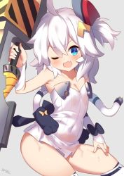 Rule 34 | 1girl, ;d, ahoge, azur lane, bare shoulders, black bow, blue eyes, blush, bow, breasts, cable, cleavage, collarbone, commentary request, covered navel, detached sleeves, dress, electric plug, fang, grey background, hair between eyes, hand on thigh, headgear, holding, holding weapon, long hair, long sleeves, looking at viewer, one eye closed, one side up, open mouth, ribbed dress, signature, silver hair, simple background, sitting, sleeves past wrists, small breasts, smile, solo, strapless, strapless dress, supershiruco, sweat, thighhighs, universal bulin (azur lane), weapon, white dress, white sleeves, white thighhighs