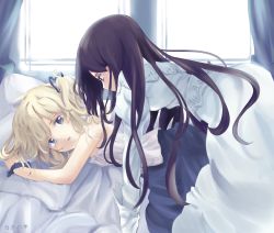 Rule 34 | 2girls, blonde hair, blue eyes, blue ribbon, christina dorn, commentary request, derivative work, dress, efa, hair ribbon, highres, katahane, long hair, long sleeves, looking at another, multiple girls, on bed, open mouth, ribbon, tatata (vaca1234), white dress, window, yuri