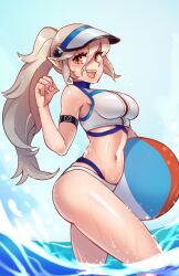 Rule 34 | 1girl, alternate costume, alternate hairstyle, arknights, armband, armpits, ball, beachball, breasts, corrin (female) (fire emblem), corrin (fire emblem), cosplay, fire emblem, fire emblem fates, hakuramen, highres, holding, holding ball, holding beachball, looking to the side, medium breasts, navel, nintendo, open mouth, partially submerged, pointy ears, ponytail, red eyes, sideroca (arknights), sideroca (arknights) (cosplay), sideroca (light breeze) (arknights), smile, solo, swimsuit, upper body, visor cap, water, wet, white hair