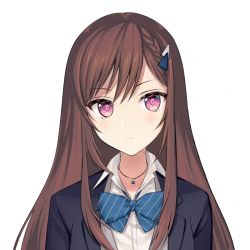 Rule 34 | 1girl, black jacket, blush, braid, brown hair, caopy123, cocoa music, doumyouji cocoa, hair ornament, jacket, long hair, looking at viewer, open clothes, school uniform, shirt, transparent background, upper body, virtual youtuber, white shirt