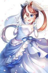 Rule 34 | 1girl, ;d, absurdres, alternate costume, bare shoulders, blue dress, blue eyes, blush, bridal veil, bride, brown hair, double v, dress, elbow gloves, frilled dress, frills, gloves, high ponytail, highres, horse girl, long hair, looking at viewer, multicolored hair, one eye closed, open mouth, petals, rappi, smile, solo, strapless, strapless dress, streaked hair, tiara, tokai teio (umamusume), two-tone dress, two-tone hair, umamusume, v, veil, w arms, wedding dress, white dress, white gloves, white hair