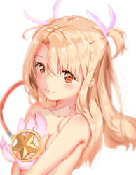 Rule 34 | 1girl, absurdres, blonde hair, breasts, cleavage, closed mouth, collarbone, fate/kaleid liner prisma illya, fate (series), feather hair ornament, feathers, floating hair, hair between eyes, hair ornament, highres, illyasviel von einzbern, jun wmrx3848, kaleidostick, long hair, magical ruby, nude, pink feathers, red eyes, sideboob, small breasts, smile, solo, two side up, white background