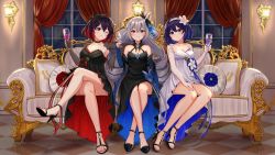 Rule 34 | ;), aircell, barefoot, black dress, blue eyes, blue hair, bronya zaychik, collarbone, colored inner hair, couch, cup, dress, drinking glass, grey eyes, grey hair, halter dress, halterneck, highres, honkai (series), honkai impact 3rd, indoors, looking at viewer, multicolored hair, nail polish, one eye closed, red eyes, red hair, seele (alter ego), seele vollerei, side-by-side, sitting, smile, tagme, thighs, toenail polish, toenails, two-tone hair, white dress, wine glass