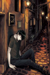 Rule 34 | 1boy, alley, bad id, bad pixiv id, black hair, black pants, cia0 cia, door, foot out of frame, knee up, lamppost, looking down, male focus, night, original, outdoors, pale skin, pants, shirt, sitting, solo, t-shirt