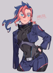 Rule 34 | 1girl, arcee, belt, black belt, black gloves, black leotard, blue eyes, blue hair, blue shorts, blush, breasts, character name, covered collarbone, cowboy shot, cropped jacket, fingerless gloves, gloves, grey background, hair behind ear, hair between eyes, hand on own hip, humanization, leotard, looking up, medium breasts, moime, multicolored hair, pink hair, ponytail, shorts, simple background, smile, solo, streaked hair, transformers, transformers prime
