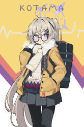 Rule 34 | 1girl, absurdres, ahoge, ashuho, bag, black-framed eyewear, black pantyhose, blue archive, blush, character name, earmuffs, glasses, gloves, grey hair, hair between eyes, hair ornament, hairclip, halo, hand in pocket, highres, jacket, kotama (blue archive), kotama (camp) (blue archive), long hair, long sleeves, official alternate costume, open clothes, open jacket, orange jacket, pantyhose, parted lips, pleated skirt, ponytail, purple eyes, scarf, simple background, skirt, solo, very long hair, white gloves