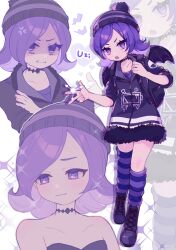 Rule 34 | 1girl, :3, black jacket, choker, closed mouth, collarbone, jacket, looking at viewer, medium hair, murder drones, open mouth, parted lips, purple eyes, purple hair, purple thighhighs, skn 1027, solo, thighhighs, uzi (murder drones)